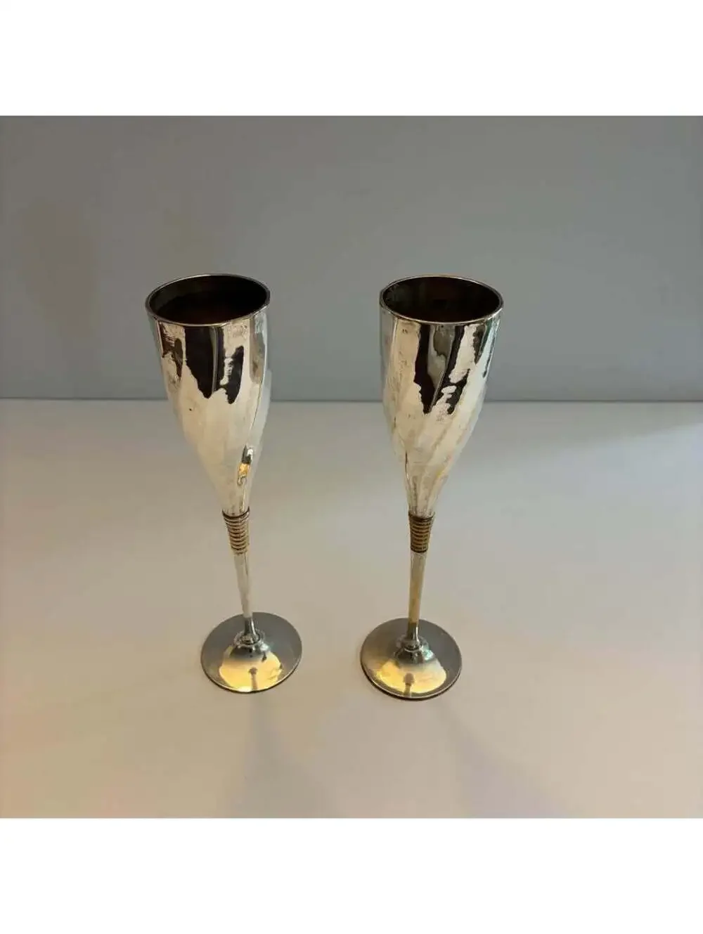 Vintage Silver Plated Champagne Flutes Pair Toasting Goblets Wedding Bar Decor